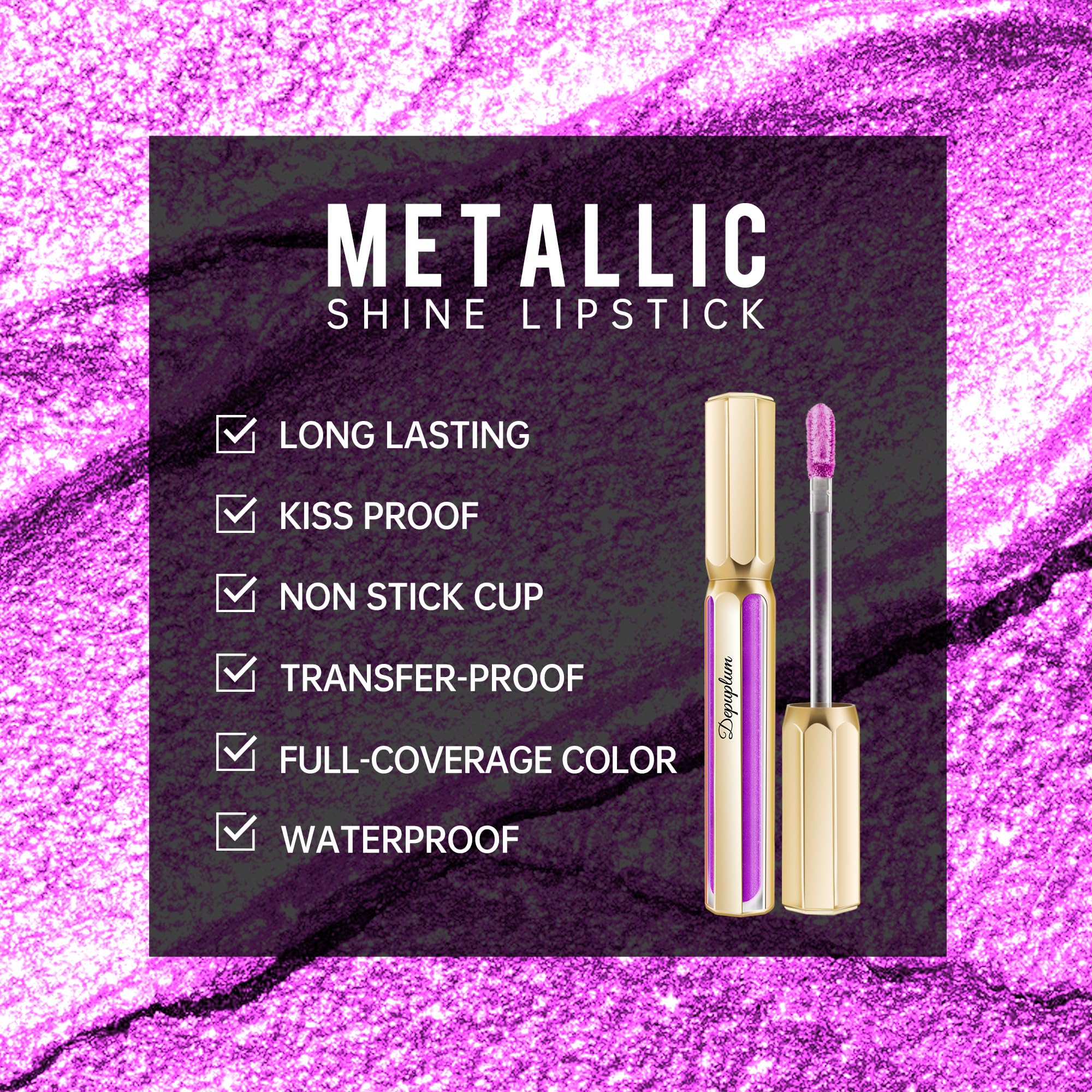 Depuplum Purple Lipsticks for Women Metallic Glitter Lipstick Long Lasting