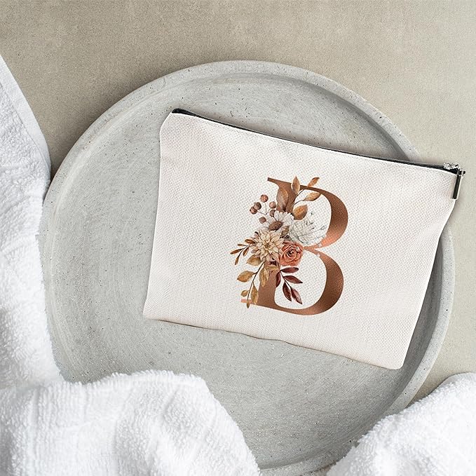 YKYENR A-Z Boho Personalized Cosmetic Bag-Floral Cotton Letter Makeup Bag With Zipper-Artistic Cosmetic Bag For Travel-Bride,Birthday Gift For Women Daughter Friends-Women Makeup Organizer-A02