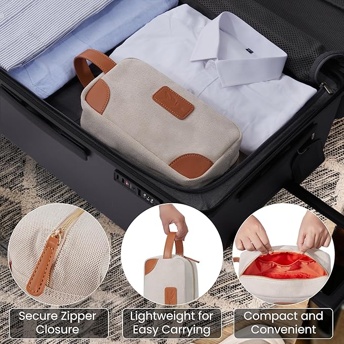 GOOSERIDE Small Makeup Bag for Women and Men - Cute Cosmetic Bag for Travel, Multipurpose Canvas Make up Pouch for Accessories, Mini Makeup Purse with Zipper and Internal Pockets for Toiletries - Sand