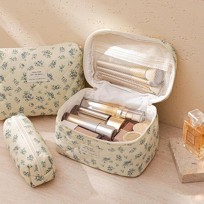 HBselect Quilted Makeup Bag, 3Pcs Cotton Large Travel Makeup Bags Organizer
