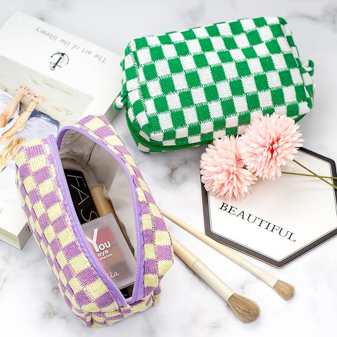 Checkered Makeup Bag for Purse, Small Travel Cosmetic Pouch,Purple,2 Pack