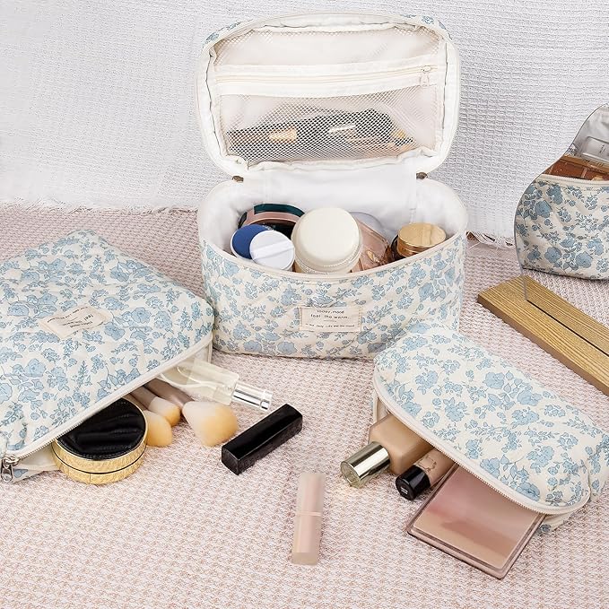 Gosect Makeup Bag Set, Quilted Makeup Bag, Large Floral Cosmetic Bag for Women, Cute Cotton Makeup Bags, Flower Travel Toiletry Organizer Bag (Blue Floer)