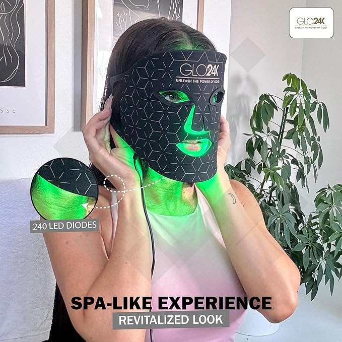 GLO24K LED Face Mask Light Therapy – Red Light Therapy Mask with 7 Color Modes, Infrared LED Facial Mask, Rechargeable Skin Care Device for At-Home Use