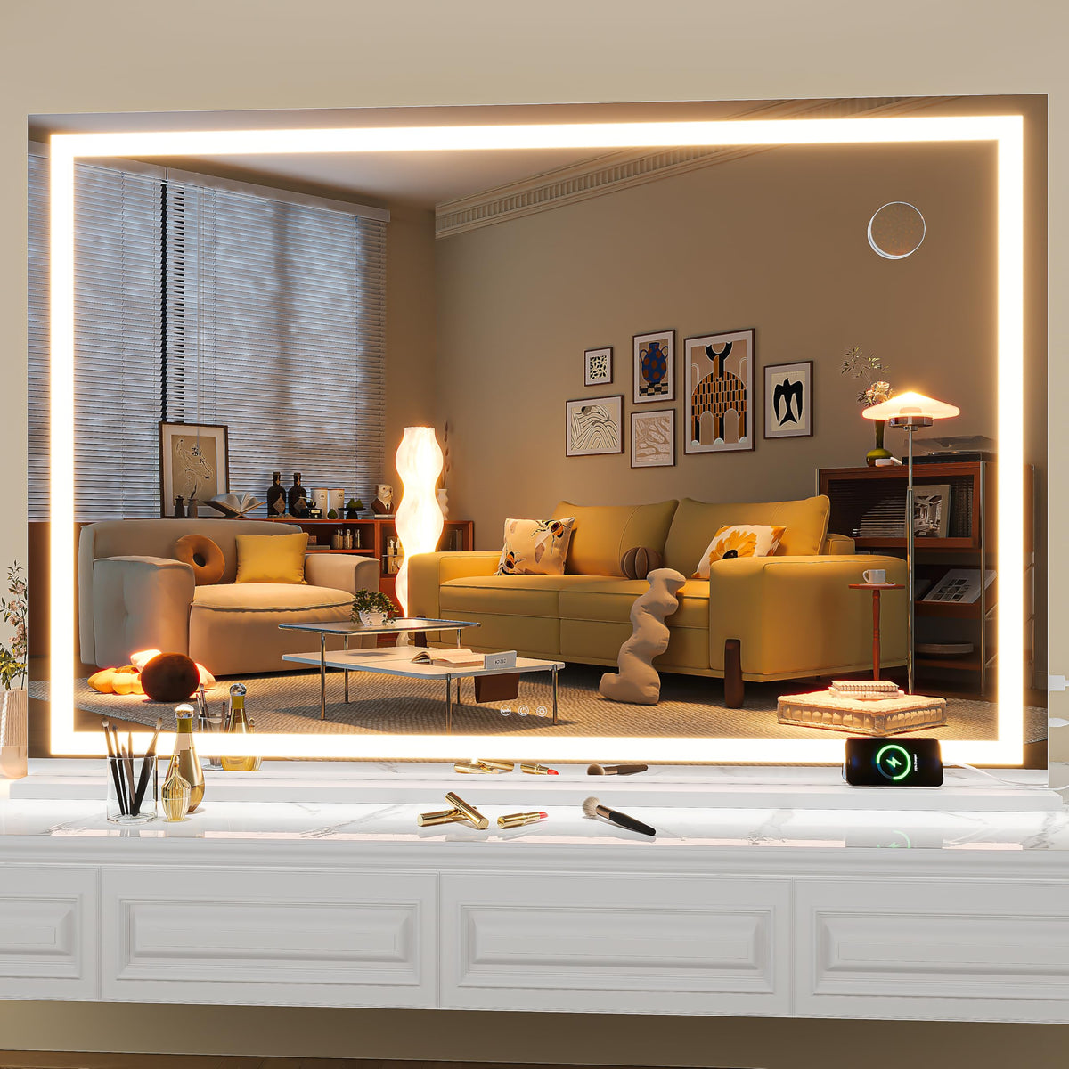 Hasipu Vanity Mirror with Lights, 27.6" x 20" LED Makeup Mirror, Lighted Makeup Mirror with Dimmable 3 Modes, Touch Screen Control Vanity Mirror Round Gold