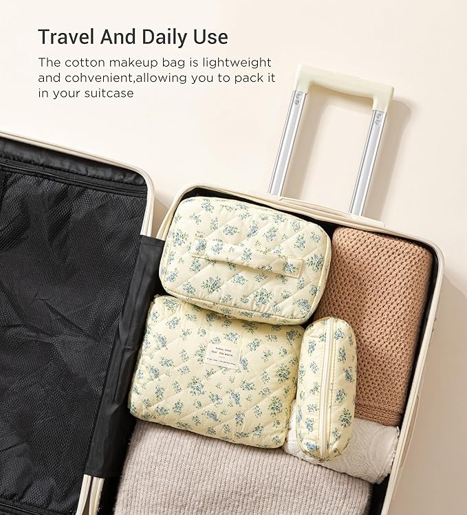 HBselect Quilted Makeup Bag, 3Pcs Cotton Large Travel Makeup Bags Organizer