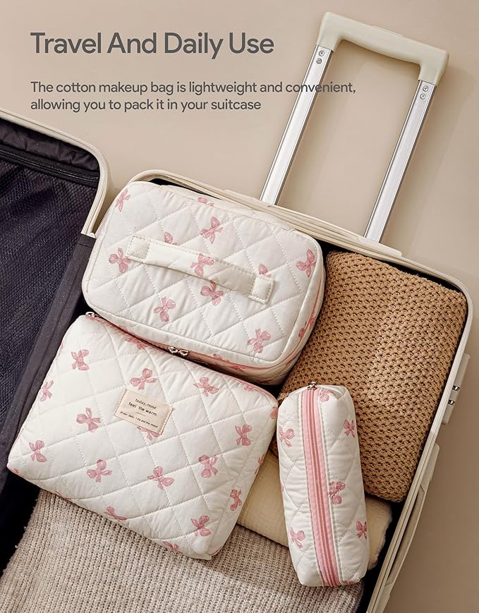 HBselect Quilted Makeup Bag, 3Pcs Cotton Large Travel Makeup Bags Organizer
