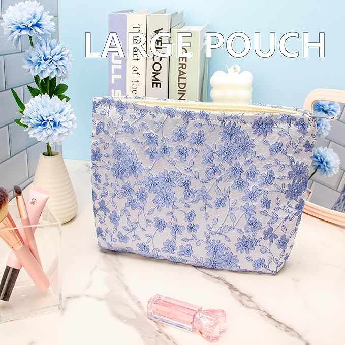 Flat Makeup Bag for Women,Zipper Cosmetic Pouch for Purse,Brocade Silver