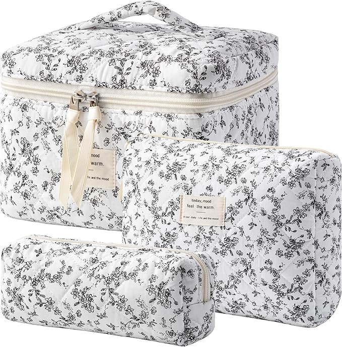 HBselect Quilted Makeup Bag, 3Pcs Cotton Large Travel Makeup Bags Organizer