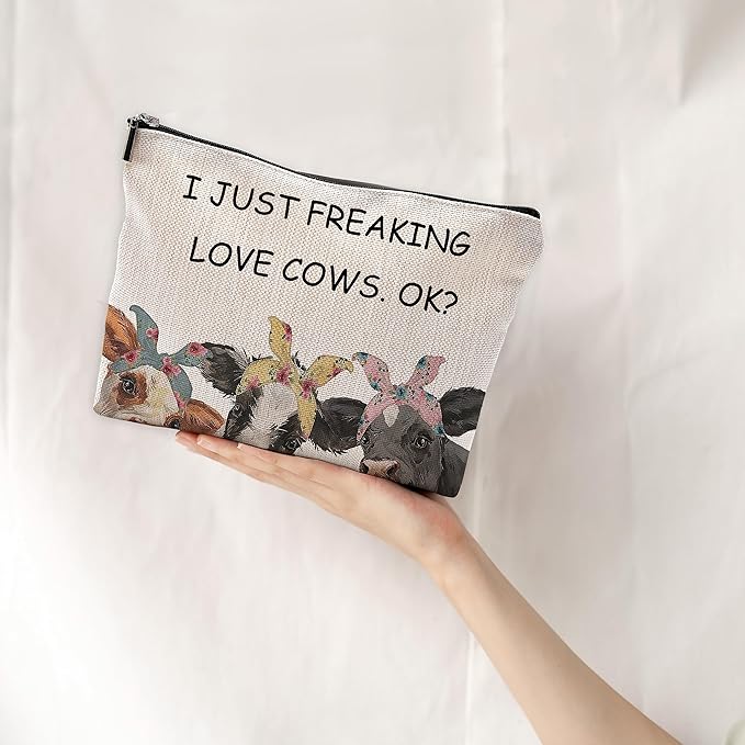 NEGIGA I Just Freaking Love Cows OK Farmhouse Cows with Bandanas Makeup Bag Cosmetic Bags with Zipper Pouch Travel Toiletry Case,Gifts for Cow Lovers Farm Girls