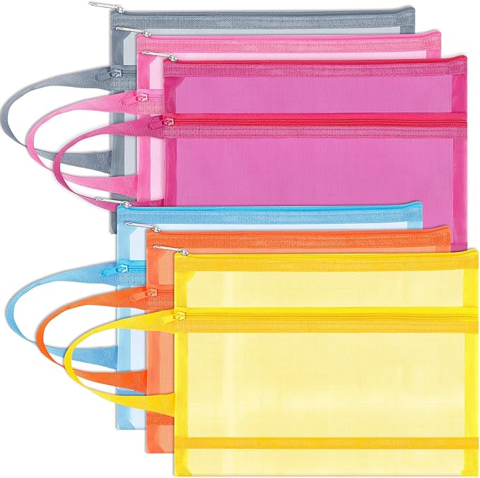 Fassave 6 Pack Mesh Zipper Pouch Bags, Double Layer Nylon Pouch with Handle for Office Travel Organization (Multicolor, A4)
