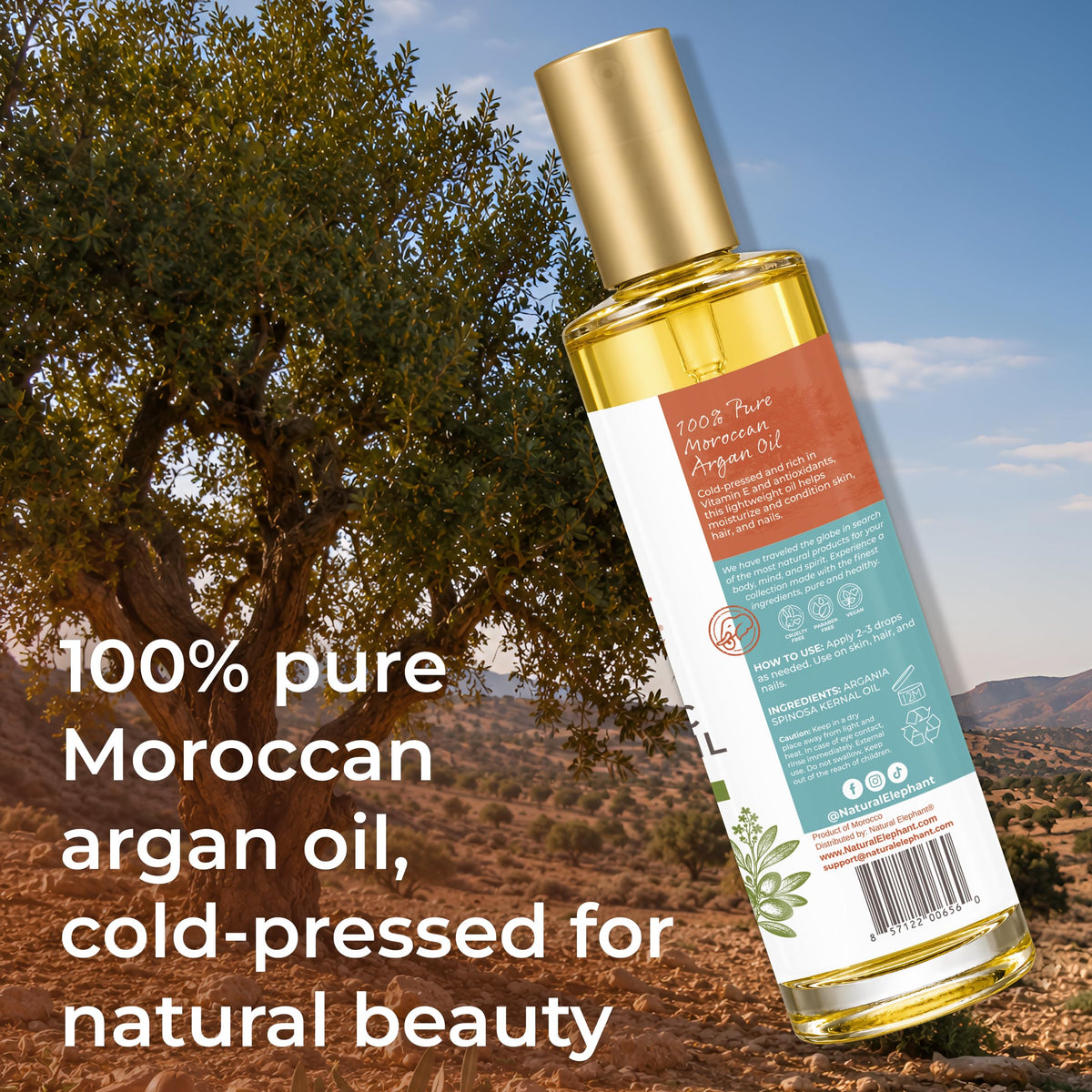 Natural Elephant USDA Certified Organic 100% Pure Argan Oil, Cold-Pressed, 100 ml (3.38 fl oz) - Nourishing & Hydrating for Skin, Hair, and Nails