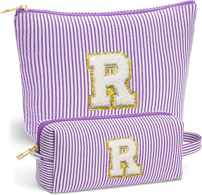 Fohufo Initial Makeup Bag for Women - Toiletry Bag, Portable Cosmetic Bag Make up Kit Pouch | Travel Essentials Cute Makeup Bag Birthday Gifts for Women, Purple Letter R