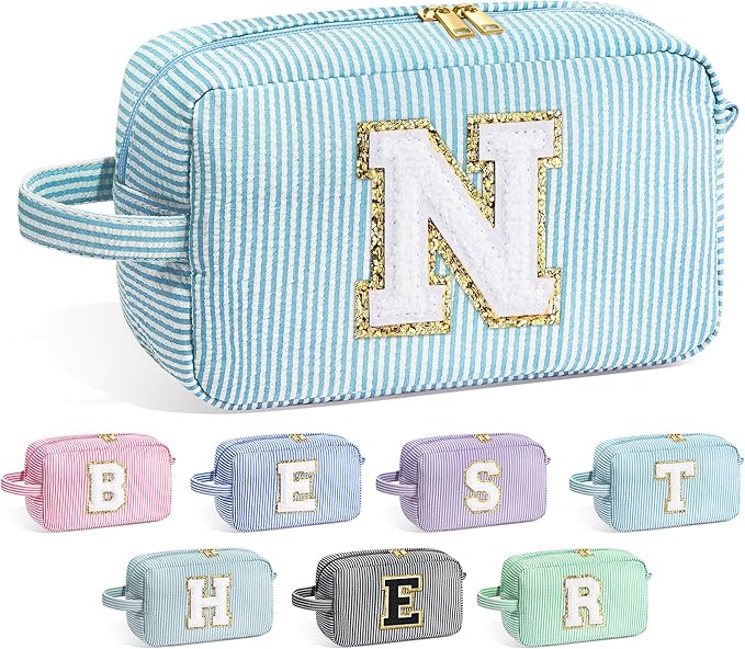 YOOLIFE Personalized Gifts for Mom - Initial Makeup Bag Cosmetic Bag Toiletry Pouch, Personalized Birthday Gifts for Mom Grandmother Stepmother, Mother In Law Gifts, Mothers Day Gifts, Light Blue N