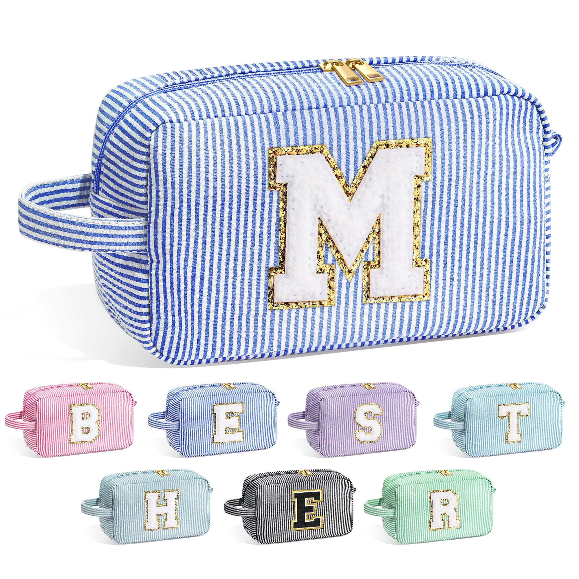 YOOLIFE Gifts for Women Teen Girls Kids - Initial Makeup Bag Cosmetic Bag Toiletry Pouch, Personalized Birthday Gifts for Women Girls Mom Daughter Sister Friends, Blue M