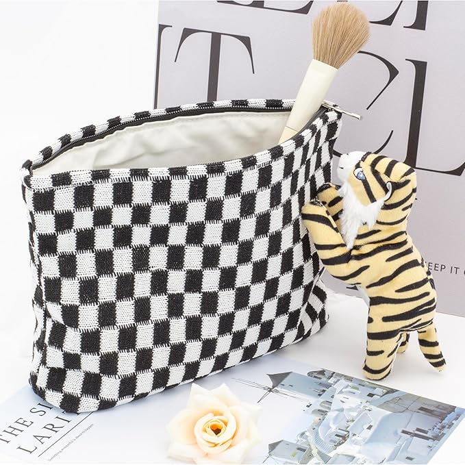 PAZIMIIK Checkered Makeup Bag for Purse, Small Flat Cosmetic Pouch,Black
