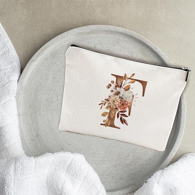 YKYENR A-Z Boho Personalized Cosmetic Bag-Floral Cotton Letter Makeup Bag With Zipper-Artistic Cosmetic Bag For Travel-Bride,Birthday Gift For Women Daughter Friends-Women Makeup Organizer-A06