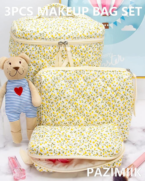 3 Piece Quilted Makeup Bag Set for Women,Cosmetic&Toiletry,Floral Yellow