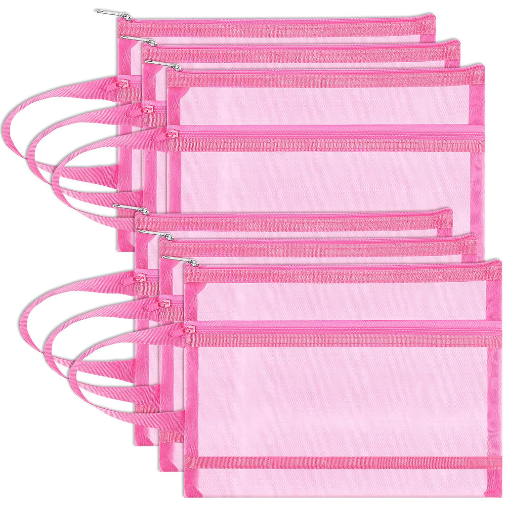 Fassave 6 Pack Mesh Zipper Pouch Bags, Double Layer Nylon Pouch with Handle for Office Travel Organization (Pink, A4)