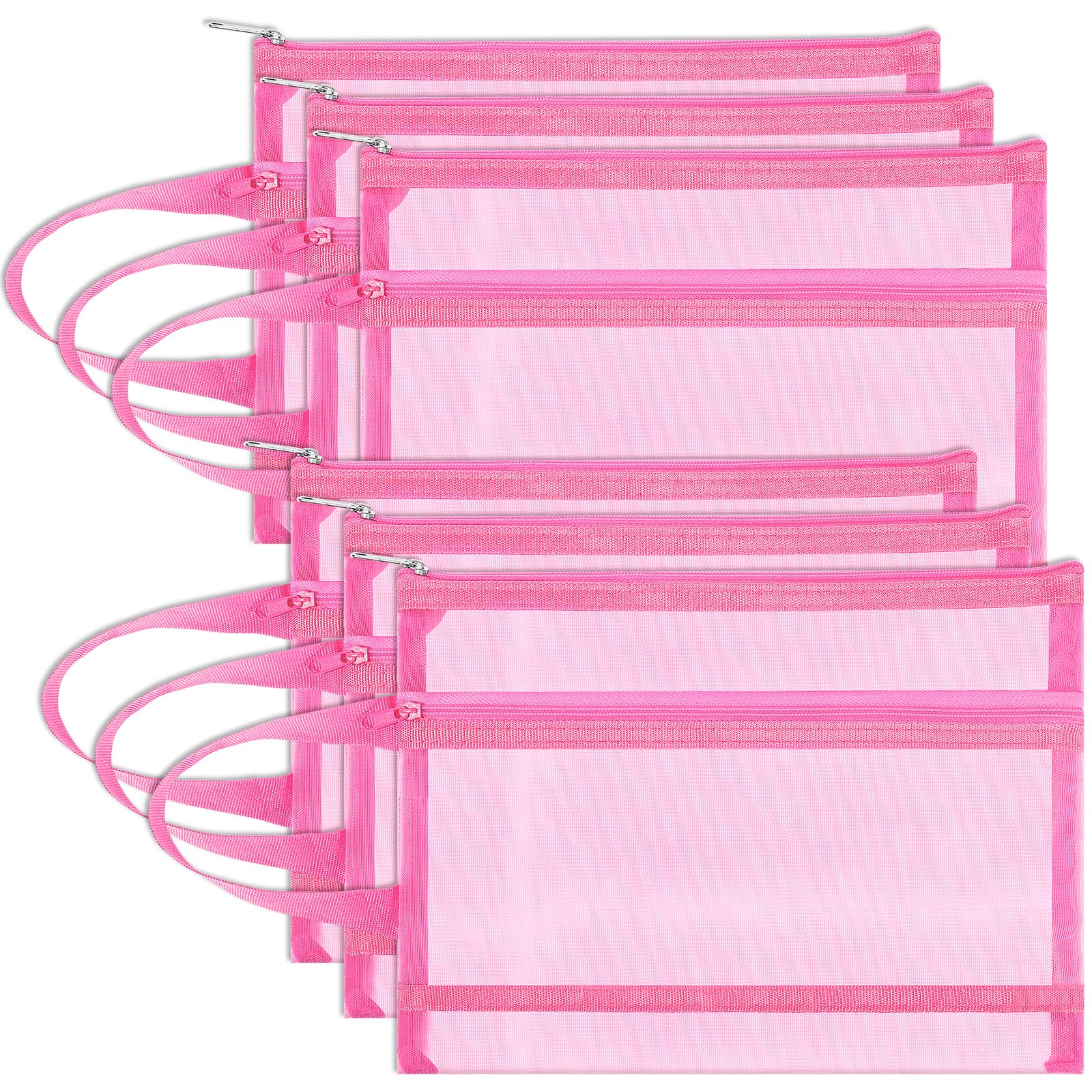 Fassave 6 Pack Mesh Zipper Pouch Bags, Double Layer Nylon Pouch with Handle for Office Travel Organization (Pink, A4)