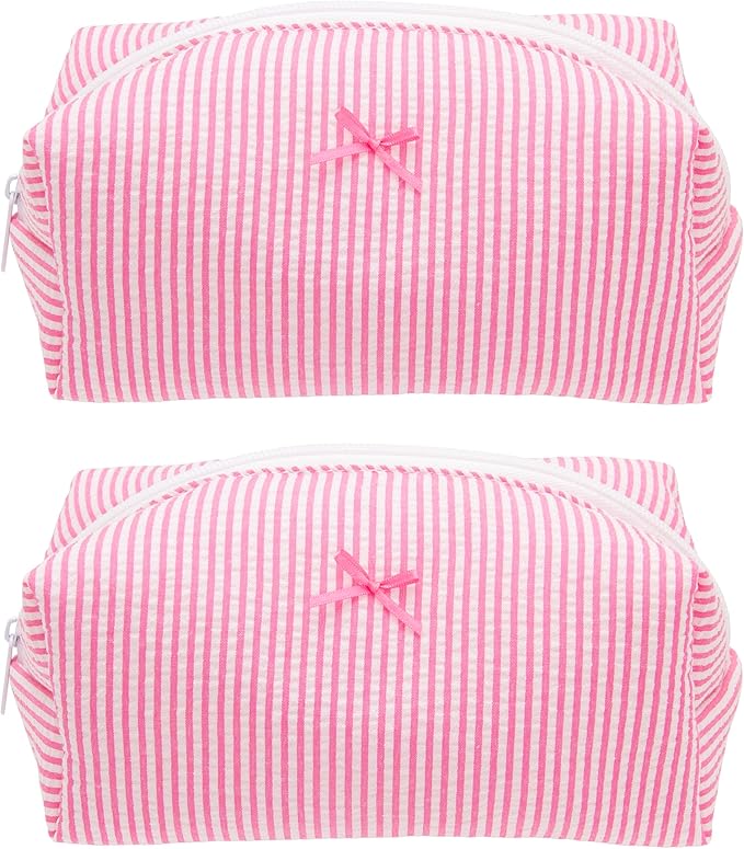 Cozy Makeup Bag for Women,Zipper Cosmetic Pouch,Stripe Candy Pink,2 Pack
