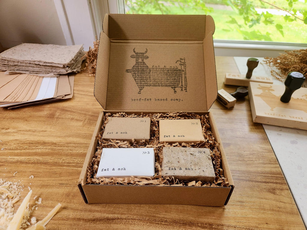fat & ash Beef Tallow Soap Bar (4 Pack) - VERY SIMPLE INGREDIENTS - Organic and Moisturizing - Handmade in USA - Family Recipe - Long-Lasting, All-Natural, For Dry Skin