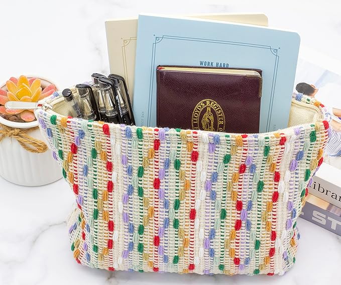 Flat Makeup Bag for Women,Zipper Cosmetic Pouch for Purse,Rainbow Dot