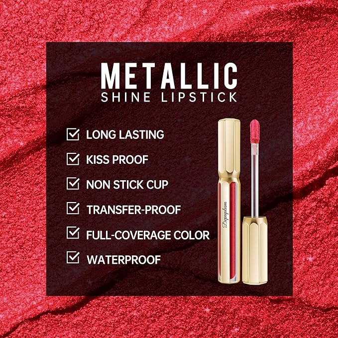 Depuplum Red Lipsticks for Women Metallic Glitter Lipstick Long Lasting