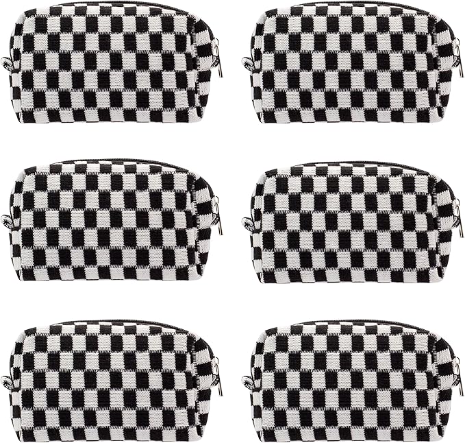 Checkered Makeup Bag for Purse, Small Travel Cosmetic Pouch,Black,6 Pack