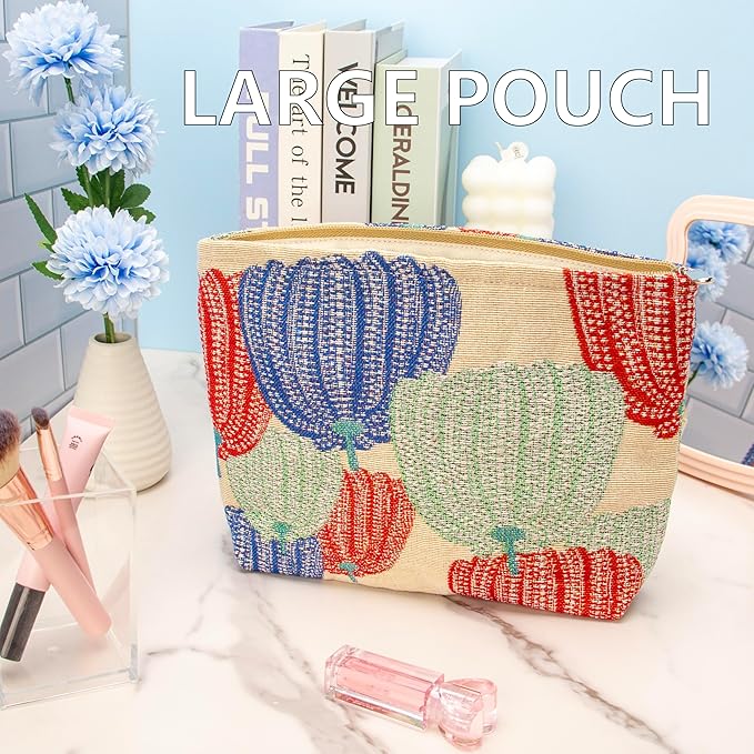 Flat Makeup Bag for Women,Zipper Cosmetic Pouch for Purse,Linen Colorful