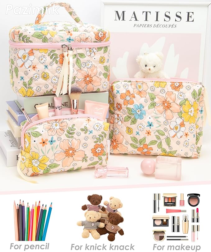 3 Piece Quilted Makeup Bag Set for Women,Cosmetic&Toiletry,Floral Orange