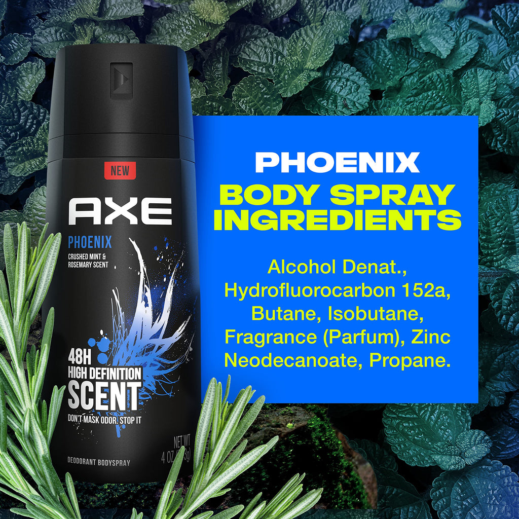 AXE Body Spray Deodorant For Long Lasting Odor Protection, Phoenix Deodorant For Men Formulated Without Aluminum 4oz 4 Count