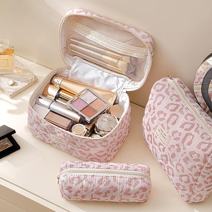 HBselect Quilted Makeup Bag, 3Pcs Cotton Large Travel Makeup Bags Organizer