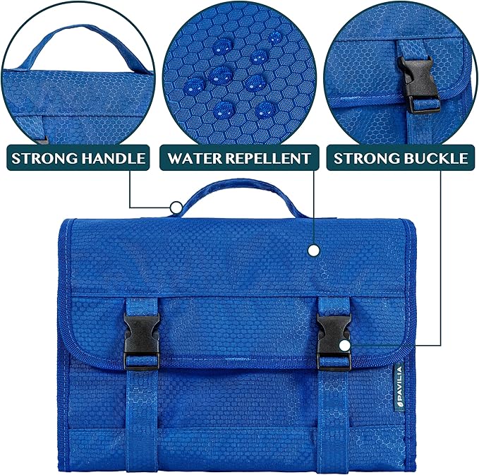 PAVILIA Travel Hanging Toiletry Bag for Women Men, Large Capacity Makeup Bag Kit, Waterproof Cosmetic Storage Organizer Case for Bathroom Shower, Royal Blue