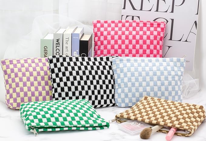 PAZIMIIK Checkered Makeup Bag for Purse, Small Flat Cosmetic Pouch,Green