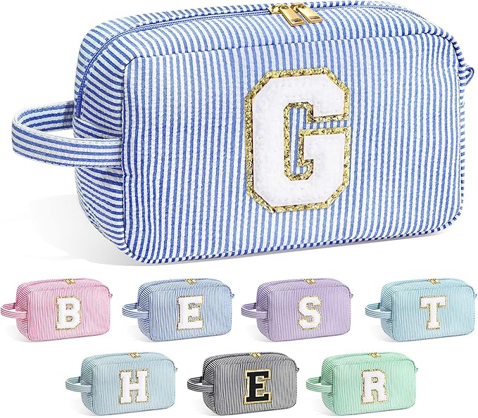 YOOLIFE Graduation Gifts for Teen Girls - Initial Makeup Bag Letter Toiletry Pouch Cosmetic Case, Personalized Teen Girl Gifts Trendy Stuff Party Favor, Blue G