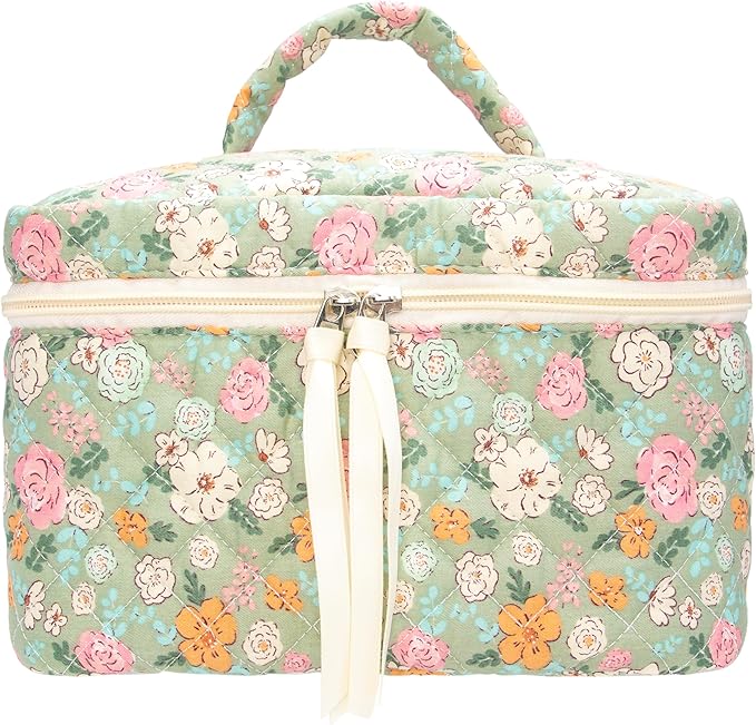 Quilted Makeup Bag for Women, Travel Cosmetic&Toiletry Bag,Green Flower
