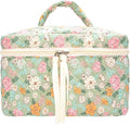 Quilted Makeup Bag for Women, Travel Cosmetic&Toiletry Bag,Green Flower