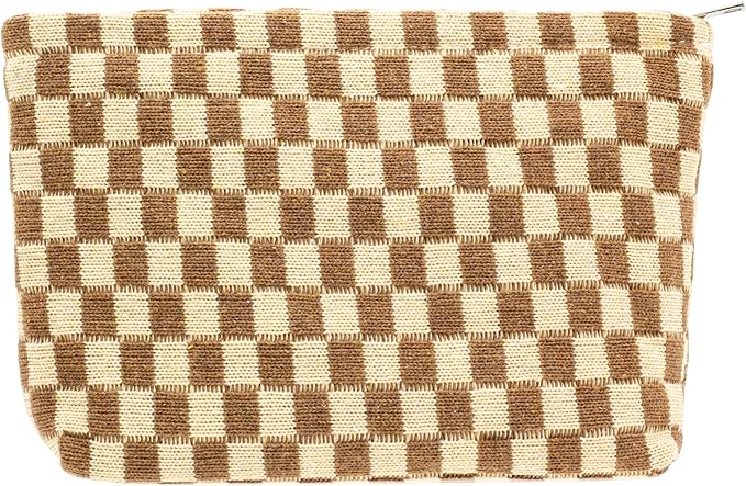 PAZIMIIK Checkered Makeup Bag for Purse, Small Flat Cosmetic Pouch,Coffee
