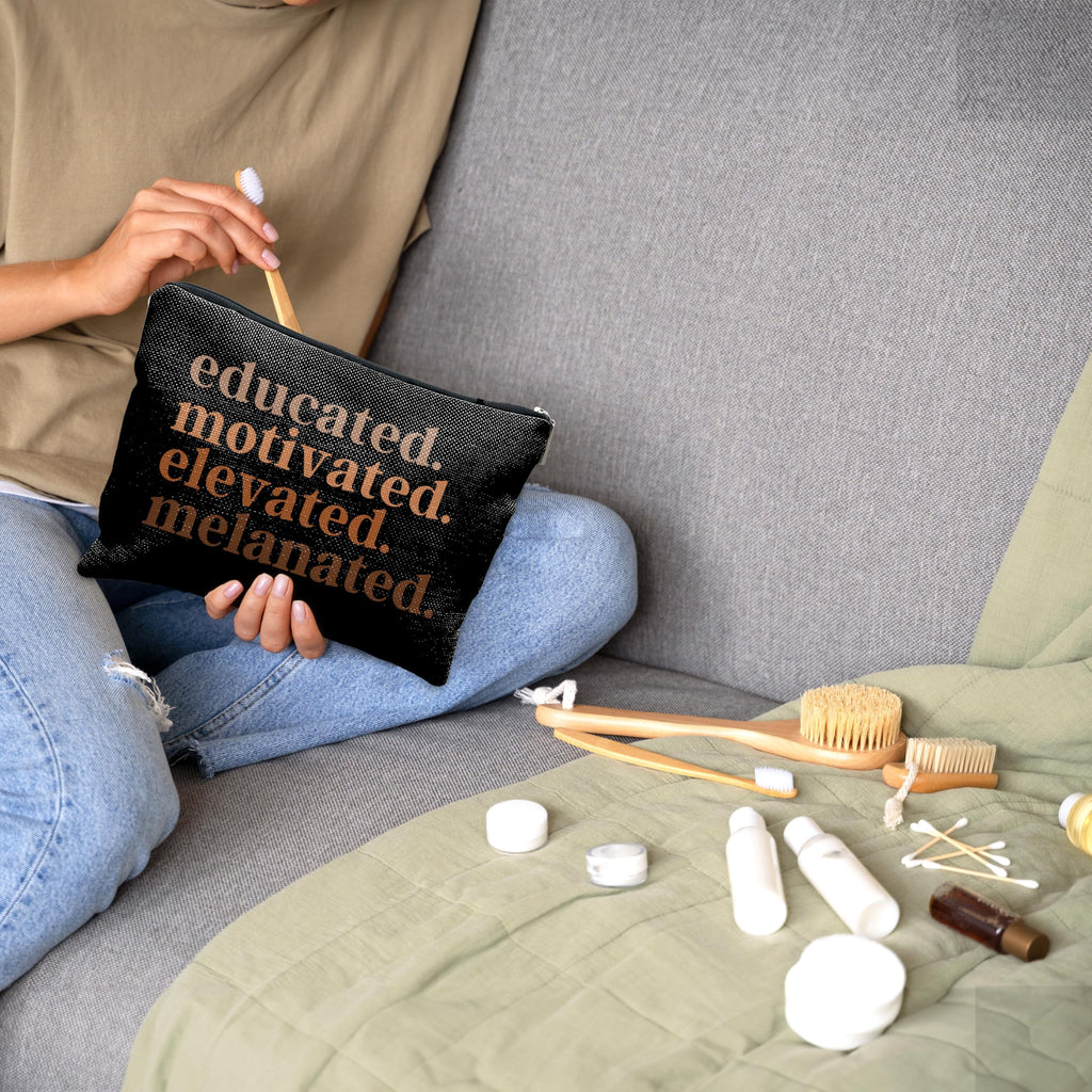 Nogrit African American Gifts,Black Women Gifts,Educated Motivated Elevated Melanated,Black Women Makeup Bag Cosmetic Bag, Melanin Makeup Travel Toiletry Bag,gifts for African American women/black
