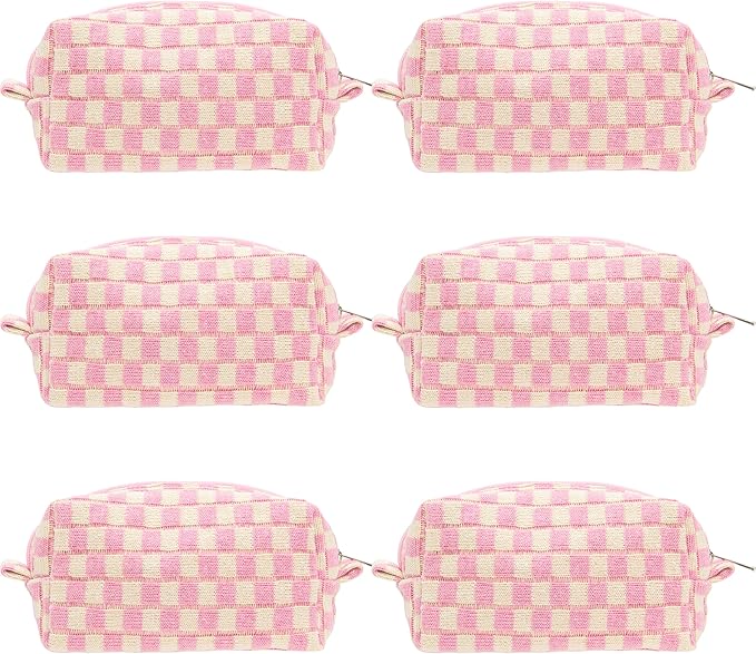 Checkered Makeup Bag for Purse, Small Cosmetic Pouch,Pink Beige,6 Pack