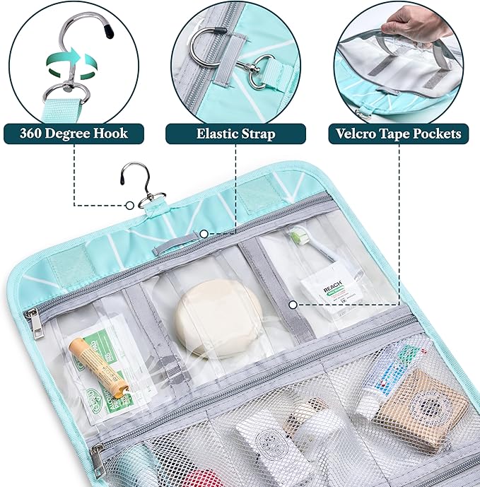 PAVILIA Hanging Toiletry Bag for Women Men, Large Foldable Toiletries Organizer with Hook, Water-Resistant Makeup Cosmetic Rollup Case, Clear Pockets for Bathroom, Gym, Cruise (Teal Chevron)