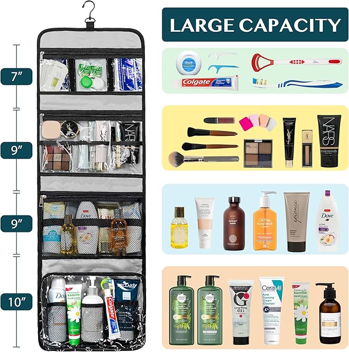 PAVILIA Travel Hanging Toiletry Bag for Women Men, Large Capacity Makeup Bag Kit, Waterproof Cosmetic Storage Organizer Case for Bathroom Shower, Black Chevron
