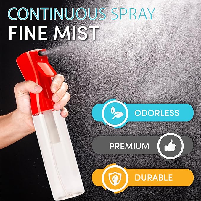 Hula Home Spray Bottle for Hair (10.1oz/300ml) - Continuous Ultra Fine Mist Sprayer for Hairstyling, Cleaning, Salons, Plants, Essential Oil & More - Red/Clear