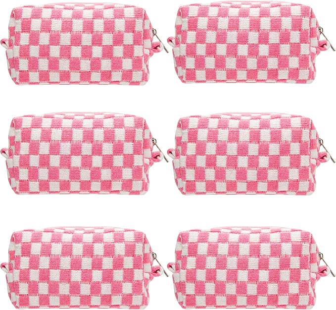 Checkered Makeup Bag for Purse, Small Travel Cosmetic Pouch,Pink,6 Pack