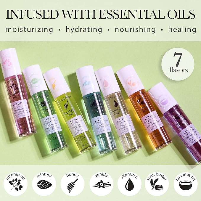 7pc Rollerball Lip Oil Set - Hydrating Roll-On Lip Oils Glossy & Bright