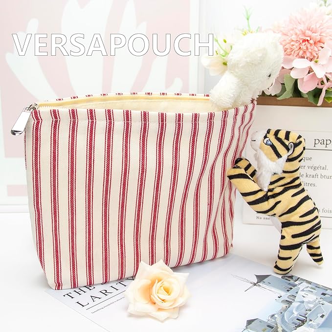 Flat Makeup Bag for Women,Zipper Cosmetic Pouch Purse,Vintage Stripe Red