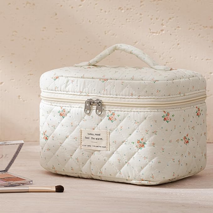 HBselect Quilted Makeup Bag, 3Pcs Cotton Large Travel Makeup Bags Organizer
