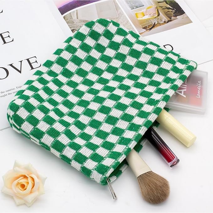 PAZIMIIK Checkered Makeup Bag for Purse, Small Flat Cosmetic Pouch,Green
