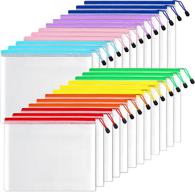 SUNEE Mesh Zipper Pouch 9.2x12.5 in (8 Colors, 24 Packs),Extra Large Water-Resistant Zip Bag for School Office Supplies, Puzzles & Games Organizing Storage