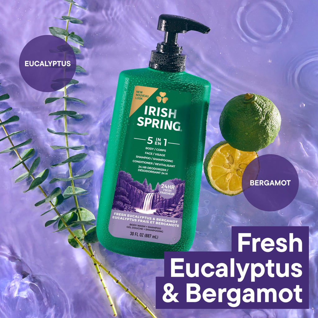 Irish Spring 5 in 1 Body Wash for Men, Fresh Eucalyptus & Bergamot, 887 mL